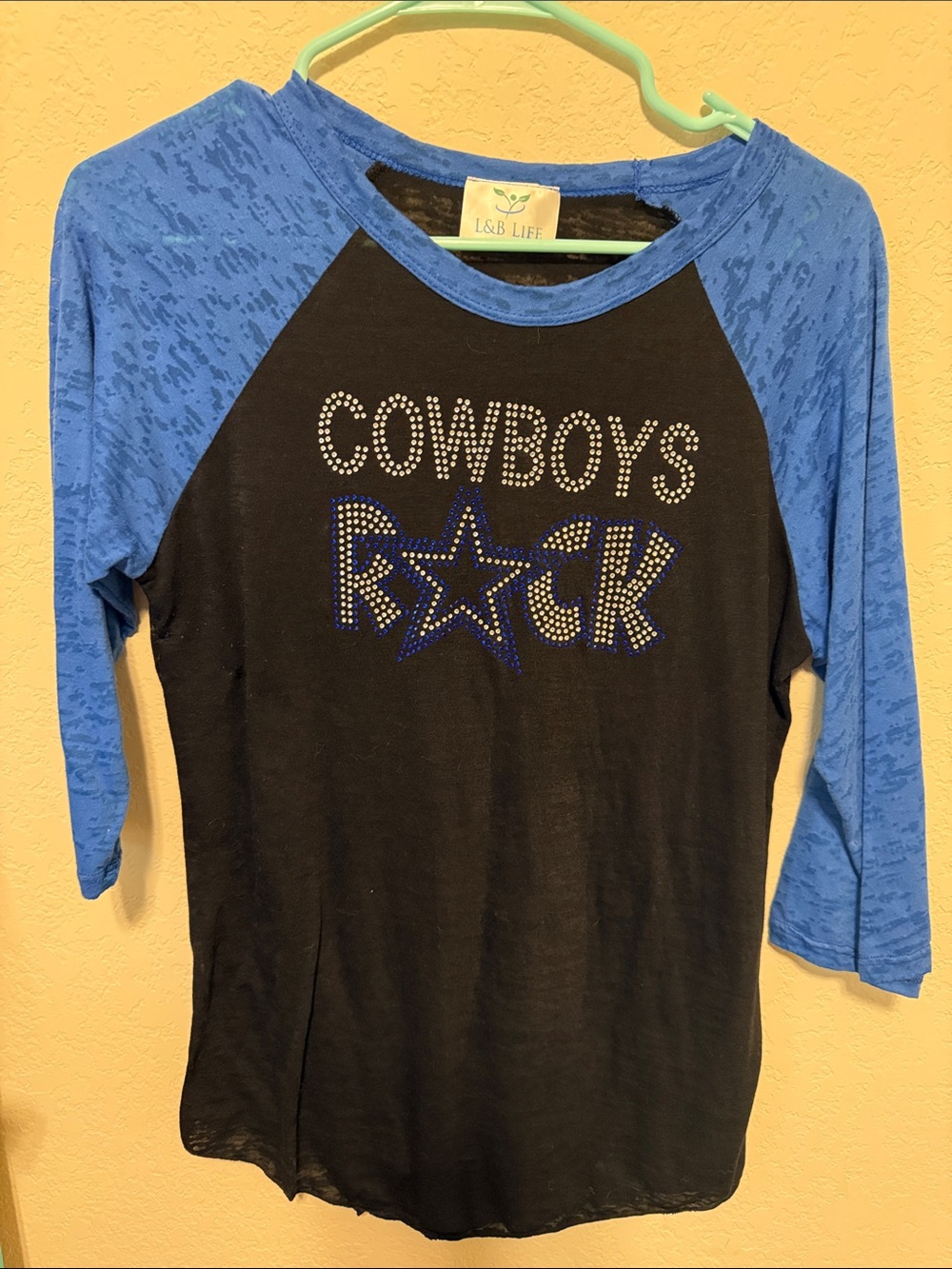 L&B Black Tee with Blue Raglan Sleeves and Rhinestone "Cowboys Rock"